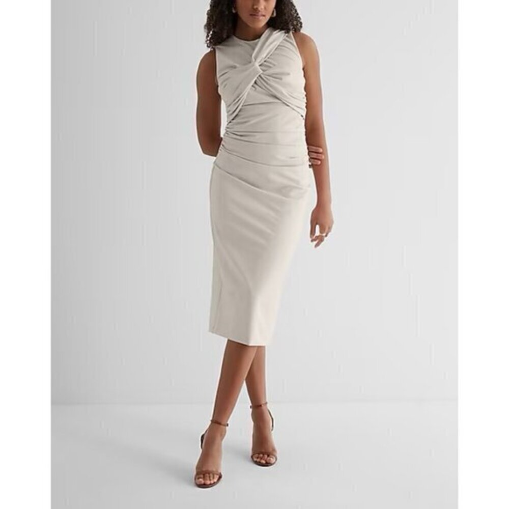 EXPRESS Body Contour Faux Leather Twist Front Midi Dress